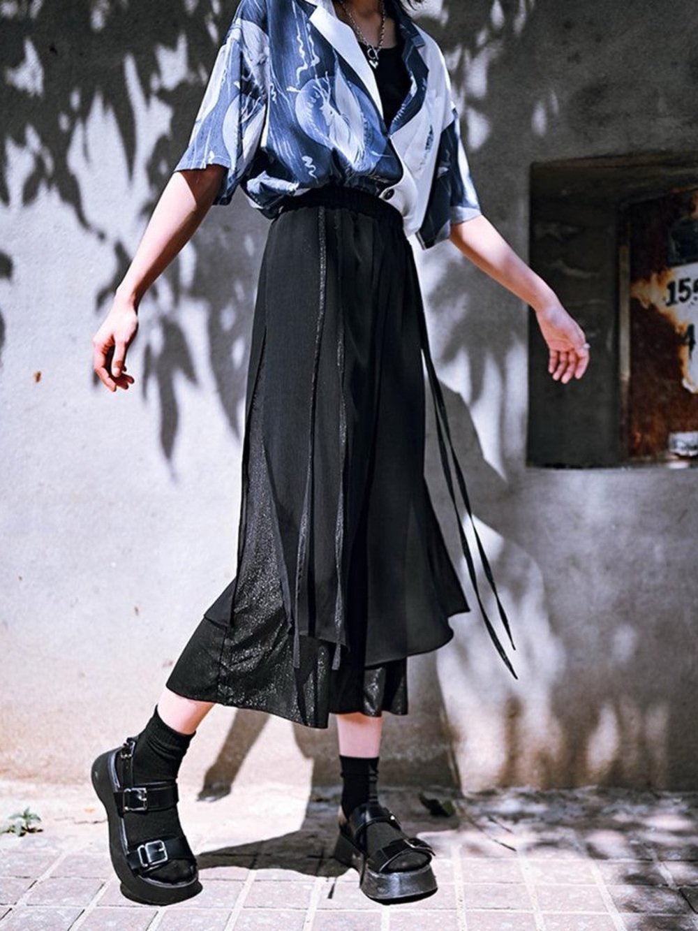 Techwear Black Layered Skirt Pants